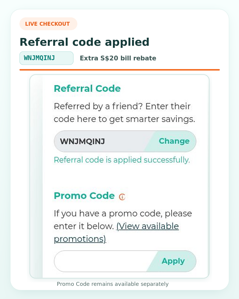 Live Senoko Energy checkout showing referral code WNJMQINJ applied successfully, with a separate Promo Code field below